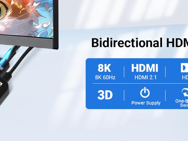 Bidirectional HDMI switch device with blue indicator icons showing 8K, HDMI, 3D, HDCP compatibility