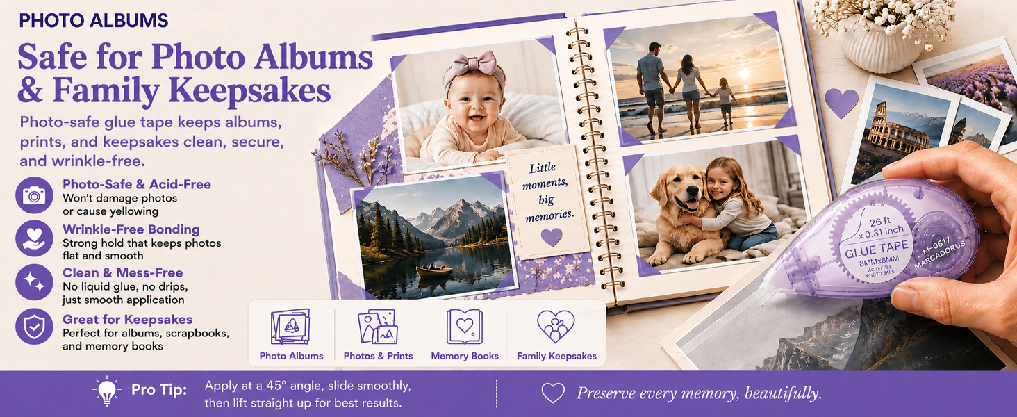 Photo safe glue tape for photo albums prints and keepsakes
