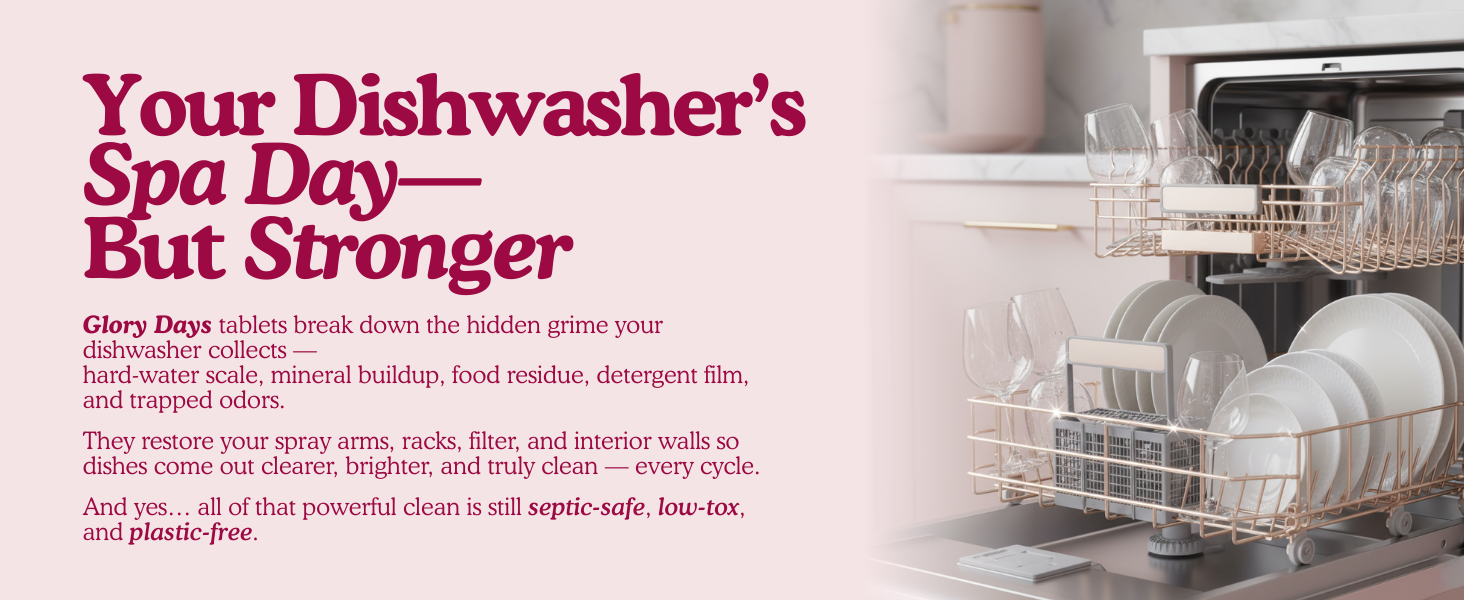 Open dishwasher filled with clean plates and glassware in a bright kitchen