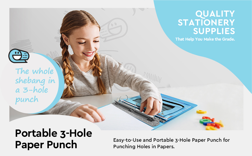 3-Hole Paper Punch Portable Hole Puncher for 3 Ring Binder