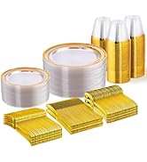 WELLIFE 300 PCS Clear Gold Dinnerware Set for 50 Guests, Clear and Gold Plastic Plates for Party,...