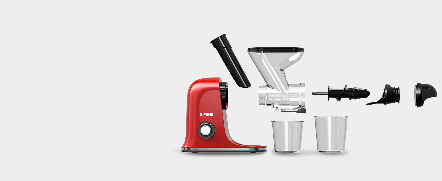 Red aluminum cold press juicer exploded view for easy assembly and iron core motor durability.