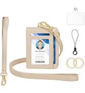 Leather ID Badge Holder & Lanyard Wallet Lichee Beige | 5-Card Storage,RFID Small Keychain Wallet...