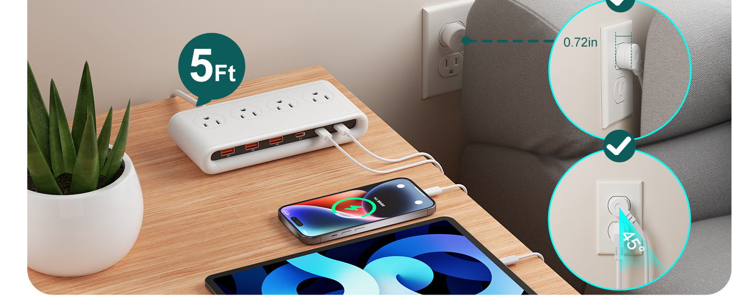 45° angled design flat plug power strip
