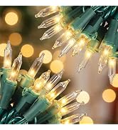 HEYFUNi 2PACK Clear Christmas Lights with Green Wire, 11.5ft 50 Count Each | Warm White Connectab...
