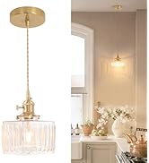 Shenmoyl Pendant Light with Clear Striped Glass Lmapshade, Brass Vintage Pendant Light Adjustable...