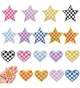 Jongdari 18pcs Multicolour Heart Iron On Patches for Hats, Five-Pointed Star Racing Day Checkered...