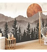 63x89.8inch Large Black & Grey Forest Mountain Wallpaper - Peel & Stick Tree Animals, Dinosaurs, ...
