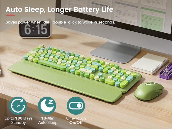 Green keyboard and mouse with wrist rest on desk, showing auto sleep and battery-saving design