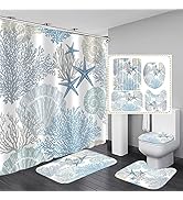 Nkzply 4 Pcs Beach Shower Curtain Blue Bathroom Sets with Shower Curtain and Rugs Nautical Shower...