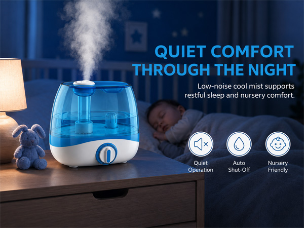 Quiet humidifier with cool mist beside bed for nighttime comfort