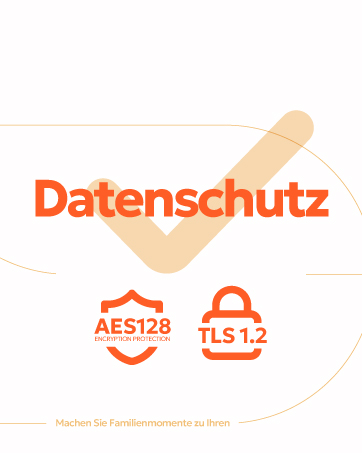 Graphic featuring 'Datenschutz' in orange text with a beige checkmark. Icons for AES128 encryption and TLS 1.2 protocol are shown below. White background with faint circular design elements.