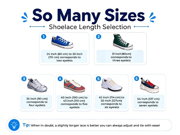 Aiahoel shoelace size guide: 14 sizes from 24" kids to 79" adults, easy eyelet matching.
