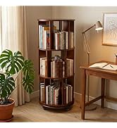 AV CONNECT Rotating Bookshelf Tower, 3-Tier Solid Wood Spinning Bookcase with Wheels, 360° Revolv...