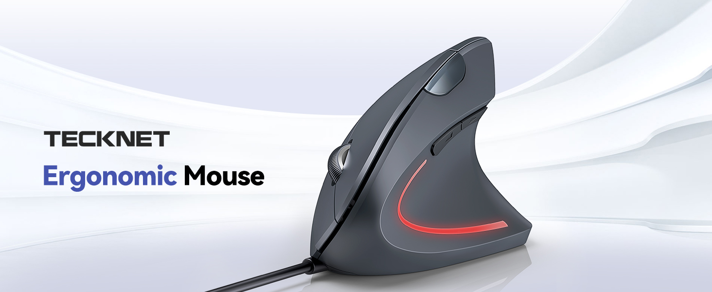 Tecknet ergonomic mouse in black with vertical design, featuring red accent lighting and wired connectivity for comfortable use.
