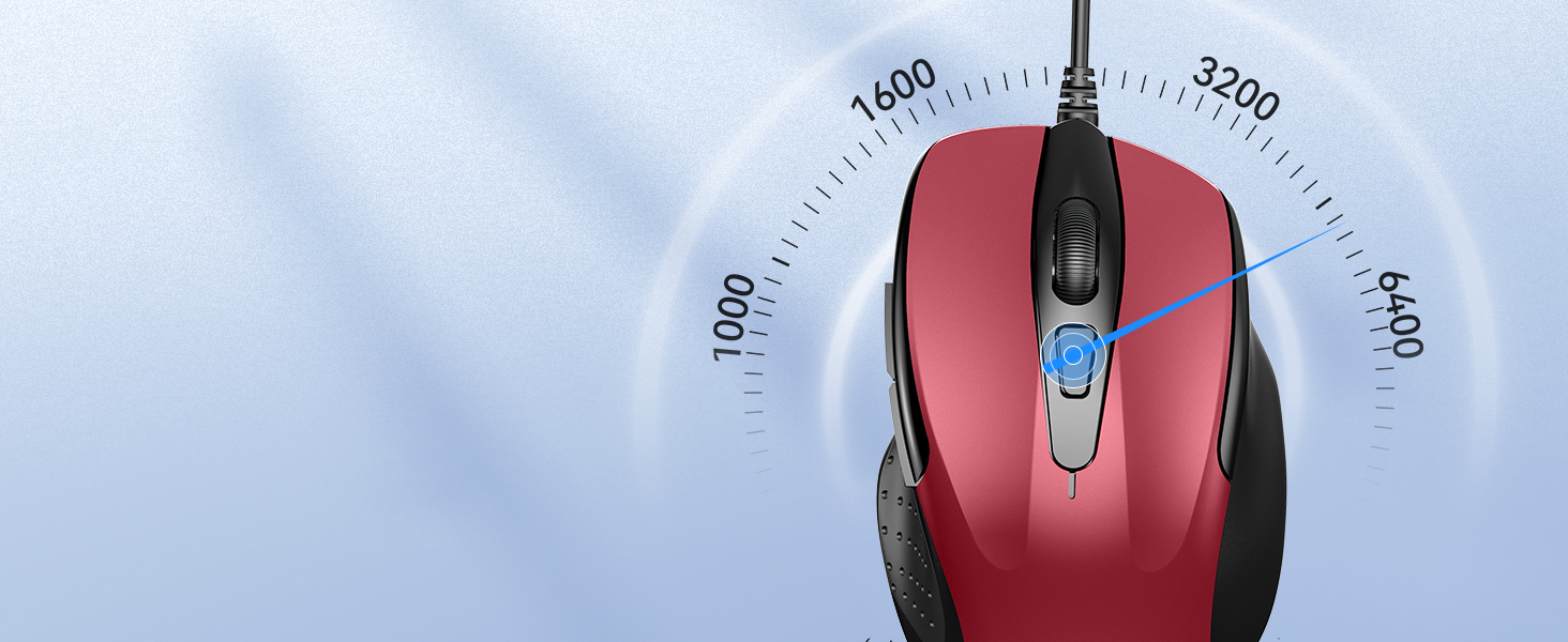 Computer mouse with DPI adjustment feature. Red and black design with visible DPI settings ranging from 1000 to 3200.
