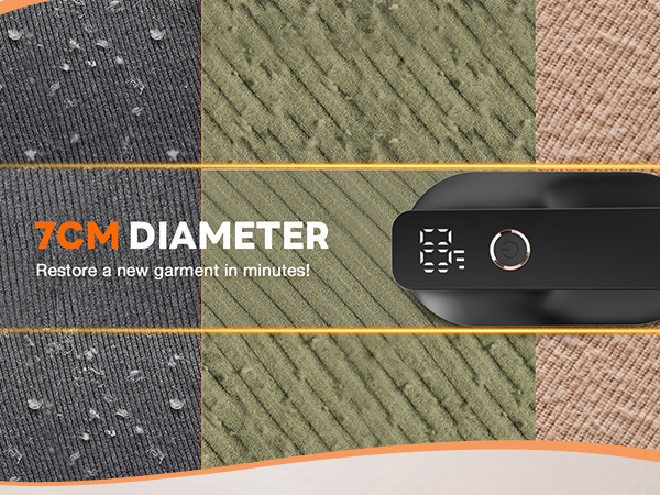 Compact handheld device with 7CM diameter, digital display, and control button. Shown restoring various fabric textures, including denim, corduroy, and linen.
