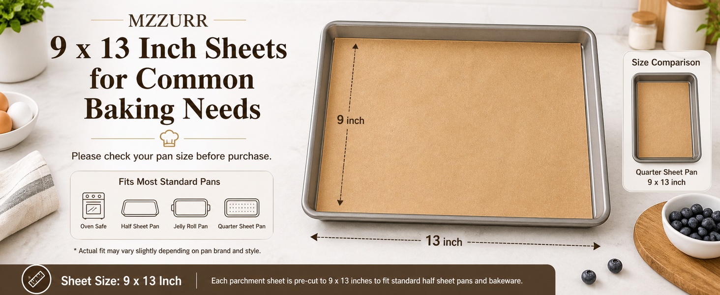 9x13 parchment paper sheet with pan size fit guidance for baking trays.