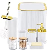 Bathroom Accessory Set White and Gold 9PCS | Bathroom Decor ,Trash Can, Soap Dispenser, Q-Tip Hol...