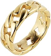 HZMAN Mens Stainless Steel 7mm Wide Band Cuban Link Chain Ring, 5 Colour