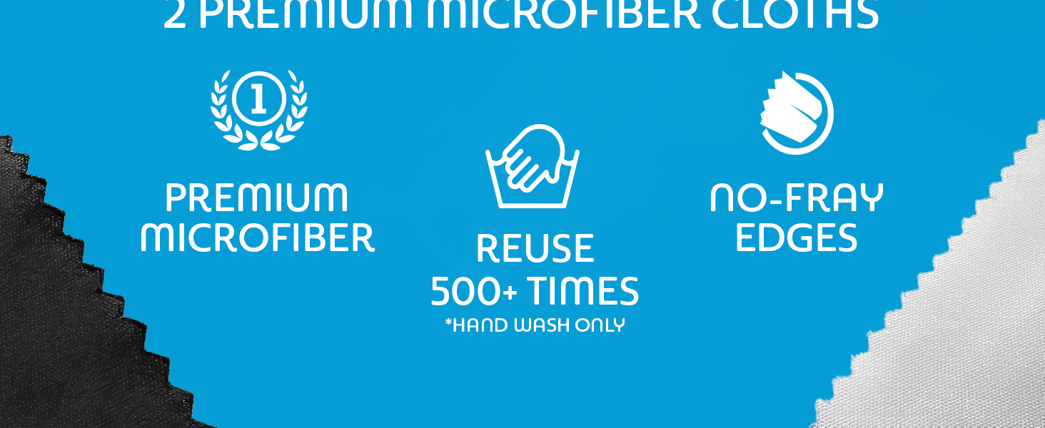 Premium Microfiber Cloths. Reuse 500 times. Non-Fray Edges