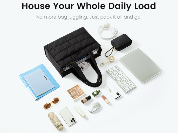 Twenty-five liter tote holds laptop, makeup, water bottle and daily essentials in one organized bag