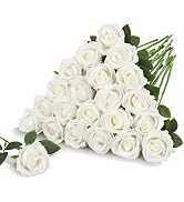 Roberly 20 Pcs Artificial White Roses Flowers, Valentines Decorations Lifelike Silk Velvet Fake R...