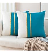 ZLINA Set of 2 Velvet Decorative Throw Pillow Covers Lake Blue White Patchwork with Gold Leather ...