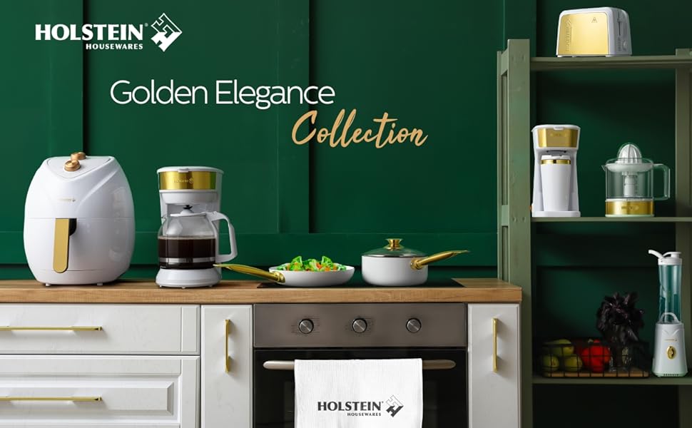 white and gold kitchen appliances air fryer, blender, toaster, fry pan, coffee maker