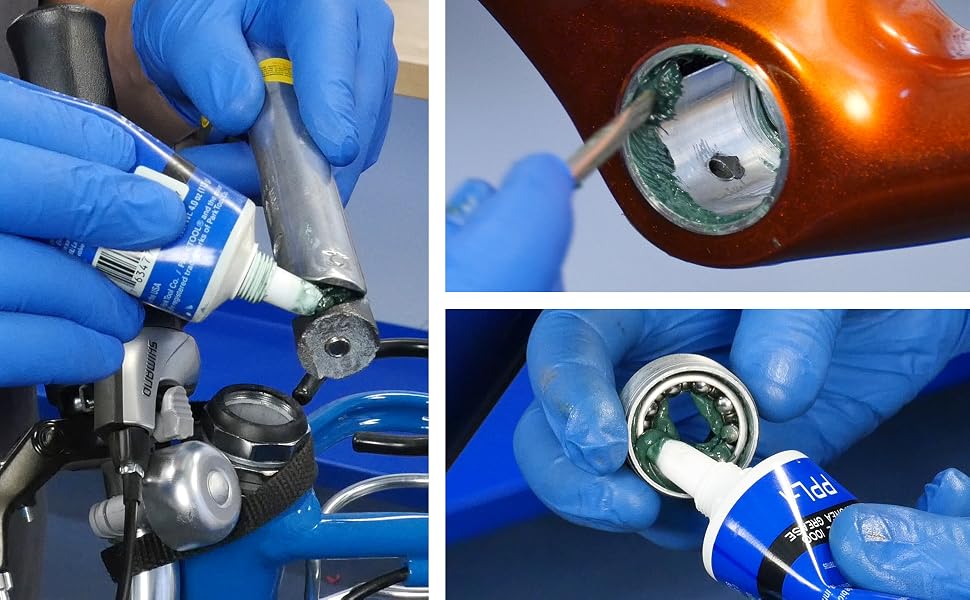Park Tool Polylube applied to a quill stem, pressfit bottom bracket shell, & bottom bracket bearings