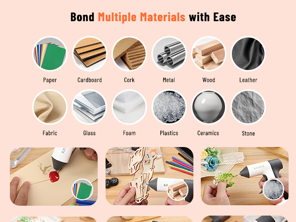Capable of bonding 12+ materials (paper, metal,wood), with examples of different crafting scenarios.