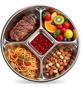 YEJZXY Stainless Steel Kids Plates, 8.8'' Round Divided Toddler Plates, 5 Compartments Metal Port...