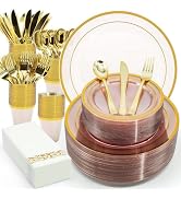 AIRE 175PCS Pink Gold Plastic Plates for Party Dinnerware Sets for 25 Guests, Disposable Plastic ...