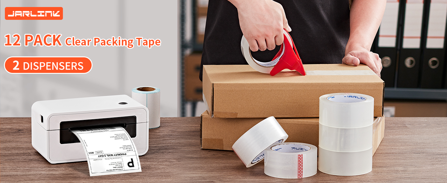 JARLINK 12 Rolls Clear Packing Tape with 2 Dispensers