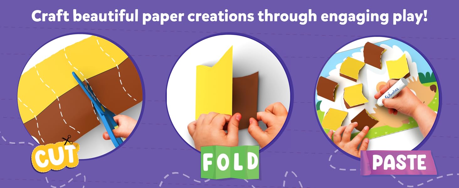 Three-step paper craft instruction circles showing cutting, folding, and pasting actions against a purple background with text about creating paper crafts.