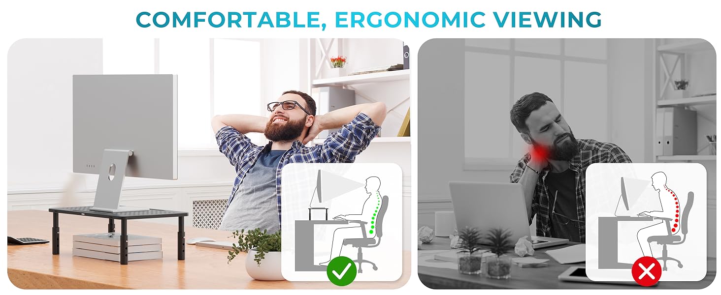 Text reads 'COMFORTABLE ERGONOMIC VIEWING'. Diagram showing correct and incorrect postures for device viewing with checkmark and X marks.