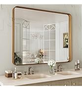 LOAAO 40X32 Inch Bathroom Mirror with Wood Grain Colored Metal Frame, Rounded Rectangle Metal Fra...