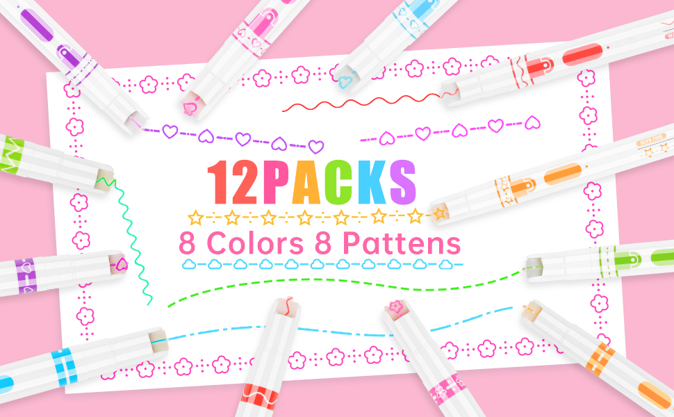 Roller Markers 12-Pack Curve Line Highlighter Pen Set, Rolling Flair Pens with 8 Curve Pattern
