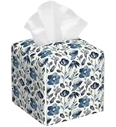 Watercolor Blue Floral Tissue Box Cover Square,Blue Flowers and Leaves Tissue Box Holder Waterpro...