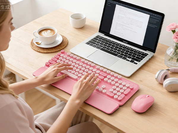 Person using a Blush Pink round-keycap wireless keyboard with wrist rest and matching mouse