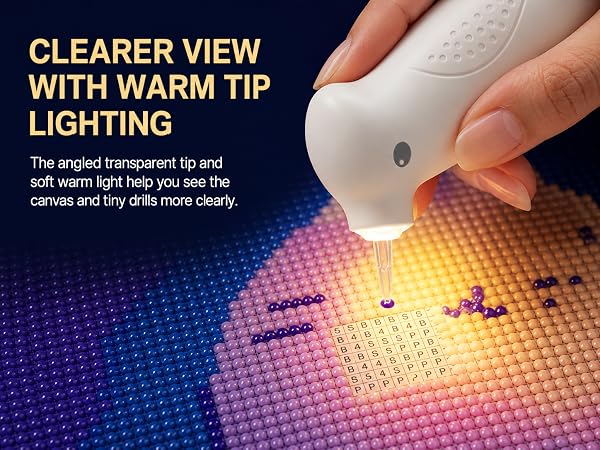 Ulverion diamond painting pen with warm tip light helps illuminate canvas symbols.