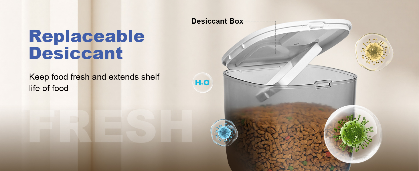 automatic cat feeder with replaceable desicant design to keep food fresh