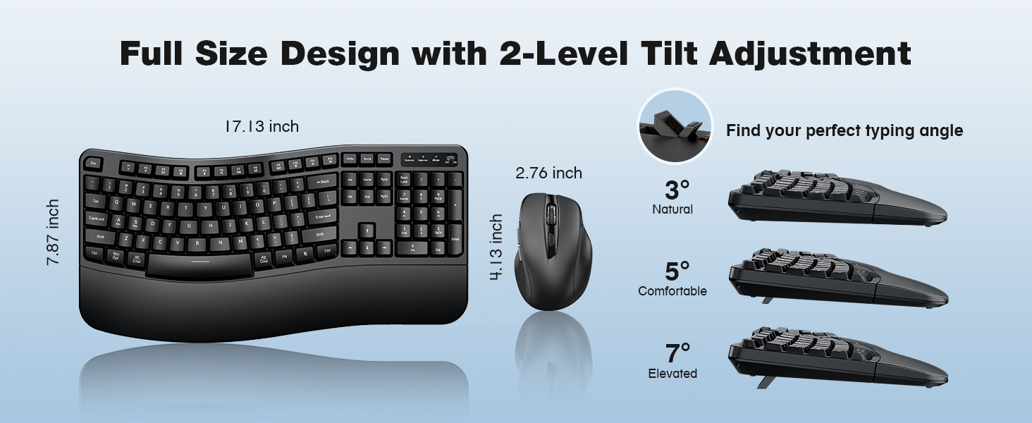 full size wireless keyboard and mouse with 2-Level Tilt Adjustment