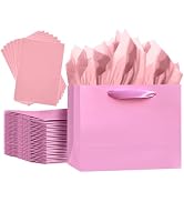 qiqee 5PCS Pink Gift Bags with Ribbon Handles 9.6"x7.9"x4.3" Medium Size Gift Bags (10PCS Tissue ...
