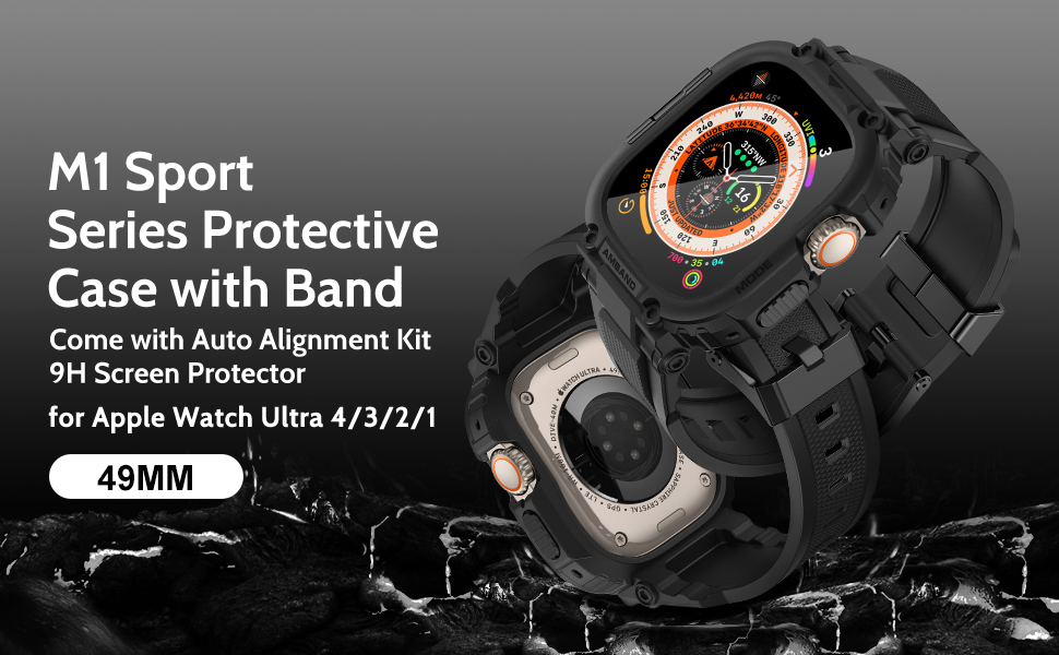 M1 Sport Series Protective Watch Case with Band with 9H Screen Protector for Apple Watch Ultra 49mm