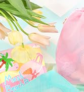 Tagitary Beach Toys Kids Beach Bag Tote with Drawstring, Pink Blue Mesh Bag Travel Beach Essentia...