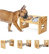 Elevated Dog Bowls, Adjustable Raised Tilted French Bulldog Food Water Bowl, Slanted Bamboo Pet F...