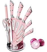 9Pcs Pink Kitchen Knife Set, DUFEIMOY Chef Knife Set Professional, Stainless Steel Knife Block Se...