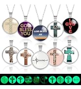 TXIN 10 Styles Glow in the Dark Christian Cross Glass Cabochons with Pendant Trays and Chains, Lu...