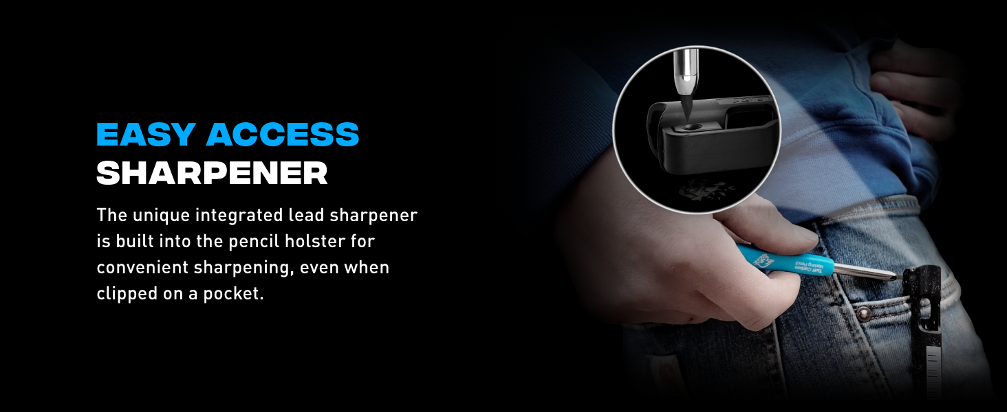 Easy access integrated lead sharpener is built into the pencil holster for convenient sharpening